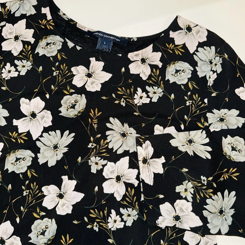 French Connection Mixed Media Floral Top Size L Crew Neck 3/4 Sleeve Lyocell - Picture 1 of 8